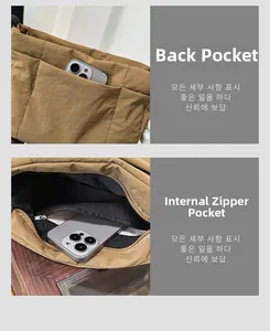 Détail du sac seau en nylon kaki montrant la poche arrière et le compartiment intérieur zippé