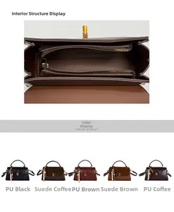 Détail de la poche zippée interne et sélection de sacs à main en similicuir et en suède