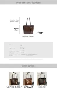 Size chart for women's PU leather tote bag with dimensions and shoulder strap length