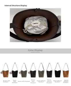 Detail of minimalist bucket bag showing the inner drawstring pouch and color variants