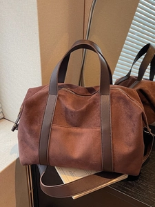 Large dark brown suede tote bag for women with retro minimalist leather handles