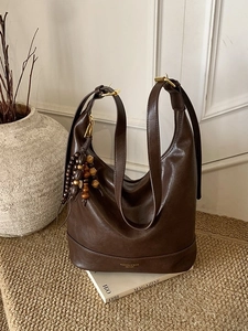 Vintage PU Leder Eimertasche Große Kapazität Hobo Umhängetasche Für Damen Modische Retro Crossbody Tasche Mit Holzperlen