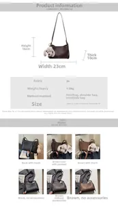 Detailed chart showing PU leather shoulder bag dimensions and vintage texture swatches
