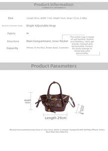 Detailed size specifications for the pleated PU leather crossbody bag showing dimensions