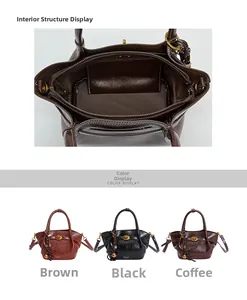 Internal zipper pocket detail and color display of the leather bucket tote bag