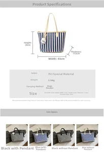 Detailed size specifications and material chart for striped PU tote bag with dimensions