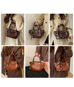 Collage of chic ruched dumpling bags with twist lock and woven charm in various outfits