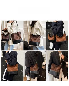 Lifestyle shots showing large leopard print and brown suede bucket bag worn by model