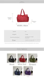 Tableau des tailles pour un grand sac cabas à carreaux en nylon de 40 cm de large et 5 couleurs