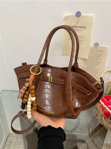 Elegante Borsa a Secchiello in Pelle PU Con Motivo Coccodrillo per Donna Borsa a Mano Retrò Borsa a Tracolla Con Ciondolo in Perline di Legno