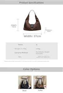 Detailed size chart for minimalist nylon crescent shoulder bag with dimensions and weights