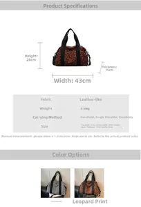 Detailed size chart for large capacity suede travel bag showing dimensions and crossbody strap