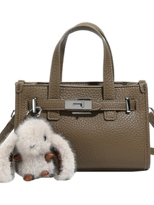 Brown litchi grain leather tote bag with silver metal lock and cute bunny charm
