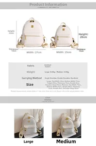 Size chart showing large and medium knitted backpack dimensions with material details