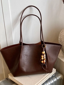 Retro Large Capacity PU Leather Tote Bag For Women Fashion Commuter Shoulder Bag With Wooden Bead Charm Vintage Shopping Bag