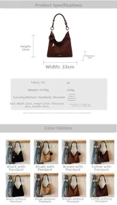 Detailed size guide and material specs for a large suede-style hobo shoulder bag