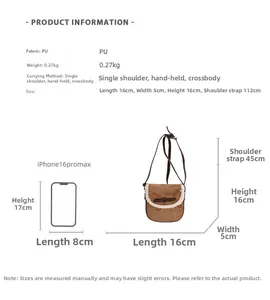 Tableau de tailles détaillé pour sac selle marron en similicuir avec dimensions et mesures
