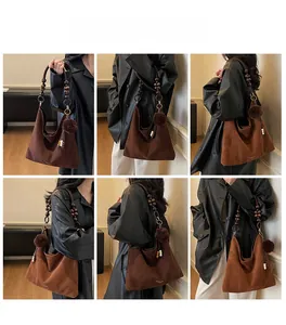 Multi-angle view of a brown suede tote bag featuring unique wooden bead shoulder straps