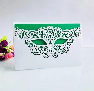 Laser-cut mask design invitation card with white hollow shell and green inner layer