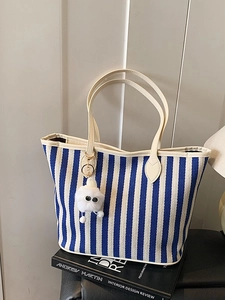 Women's Large Capacity Striped Canvas Tote Bag With Plush Pendant Casual Fashion Single Shoulder Bag PU Leather Trim