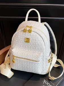 Elegant Tweed Knitted Backpack For Women Fashion Large Capacity Travel School Bag Cream White Rucksack With Gold Hardware