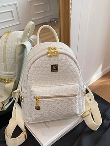 Beige tweed backpack with gold hardware and large capacity for women's daily commute