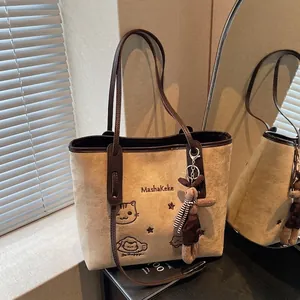 Large Capacity PU Leather Tote Bag With Cat Embroidery And Rabbit Pendant Fashion Commuting Shoulder Bag For Women Bag