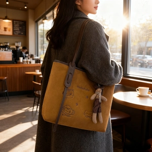 Fashionable ginger suede tote bag with cat embroidery and plush rabbit pendant