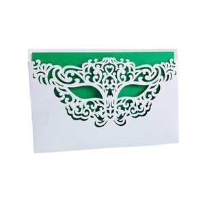 Laser cut masquerade mask party invitation card with green inner paper and white cover