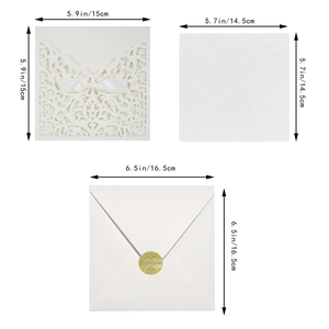 Detailed set of laser-cut wedding invitations with bow and envelope dimensions