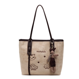 Large beige suede tote bag with cartoon cat embroidery and bunny plush charm