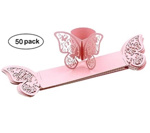 Detailed laser-cut hollow butterfly napkin rings in pink pearlescent paper 50 pack