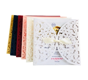 Laser Cut Wedding Invitation Cards Hollow Butterfly Floral Design Pearlescent Paper With Ribbon Bow For Marriage Party