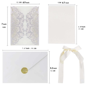 Detailed size chart for glitter laser cut invitation set with shell, insert, and envelope