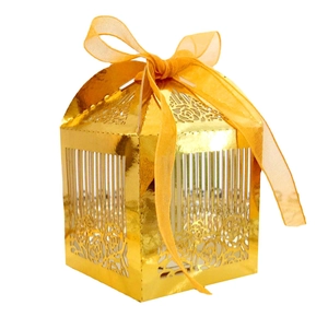 Detailed laser-cut hollow rose pattern on gold metallic wedding favor candy box