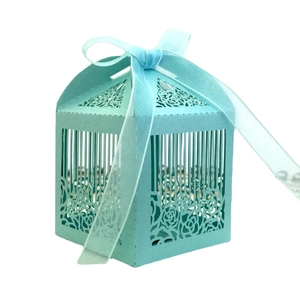 Laser cut mint green hollow rose wedding favor box with ribbon for candy and gifts