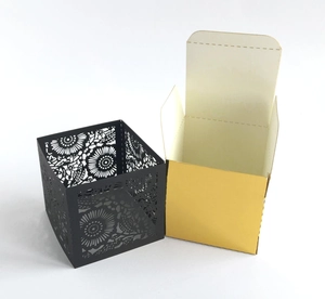 Laser cut black hollow paper gift box with golden inner card for wedding party favors