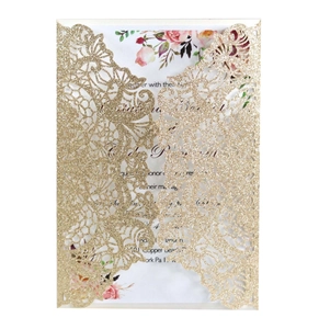 Detailed laser-cut glitter rose gold wedding invitation with floral inner card
