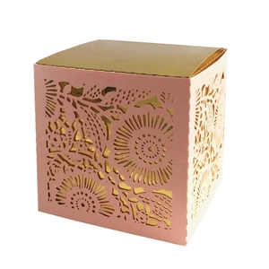 Pink laser-cut wedding gift box with floral patterns and gold interior lining