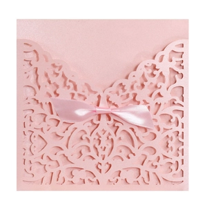 Elegant Laser Cut Wedding Invitation Cards With Pearlescent Paper Ribbon Bow European Style Hollow Floral Invitations Set