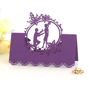 Elegant purple hollow laser cut wedding place card with romantic proposal silhouette