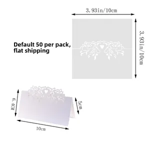 Detail of laser-cut heart place card showing dimensions 10x10cm for wedding decor