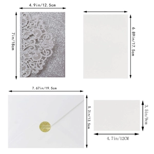 Detailed size specifications for laser-cut silver glitter wedding invitation set