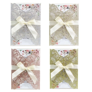 European Style Laser Cut Glitter Wedding Invitations With Bowknot Satin Ribbon And Envelope Hollow Lace Engagement Party Greeting Cards