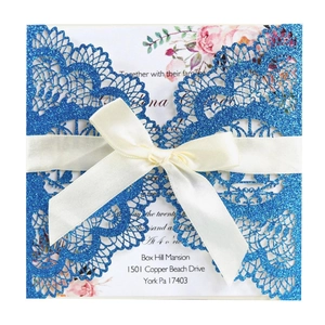 Luxury Glitter Laser Cut Wedding Invitations Set With Envelopes Ribbon Bows Floral Hollow Design For Marriage Party Cards