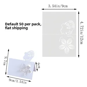 Detailed dimensions of laser-cut wedding place cards with elegant floral girl silhouette