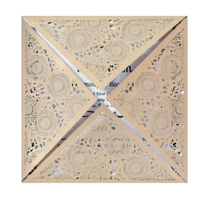 Elegant champagne gold laser cut square wedding invitation with mandala pattern