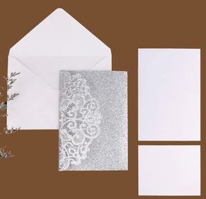 Silver laser cut invitation set with glitter cover, white envelope and insert cards