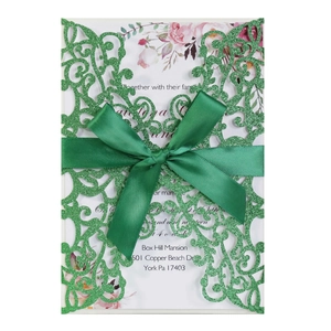 Elegant emerald green laser cut glitter wedding invitation with ribbon and floral insert