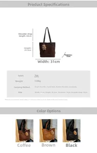 Spécifications détaillées du sac à bandoulière en daim avec dimensions et coloris